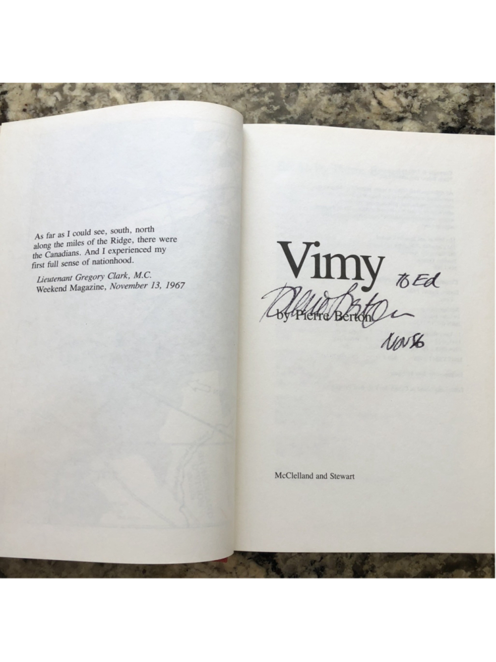 Signed Vimy By Pierre Berton Hardcover Book History War Vimy Ridge 1986 CA